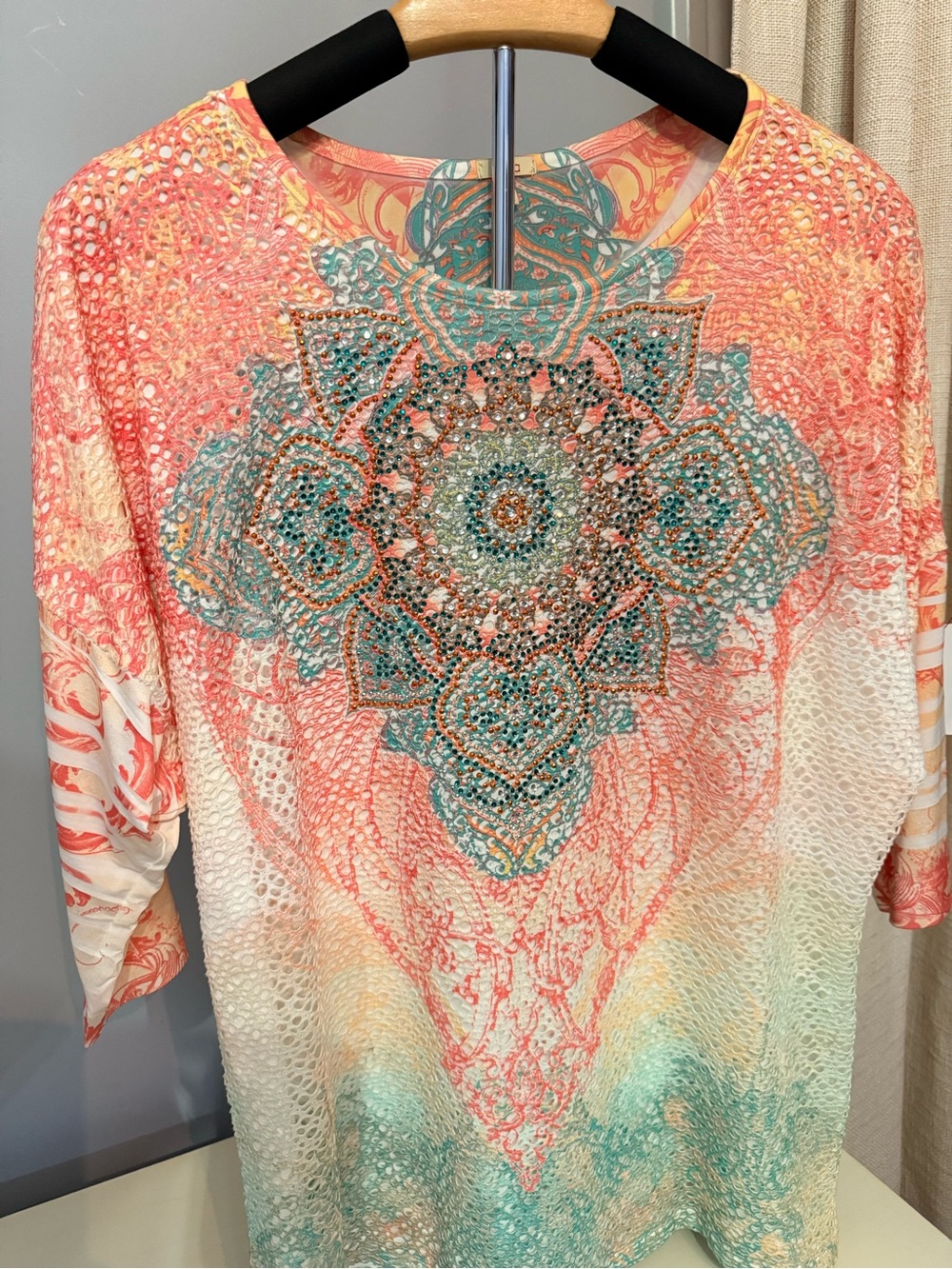Reba Coral & Teal Embellished Long Sleeve Tee